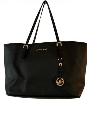 Michael Kors Black Leather Tote with Gold MK Charm